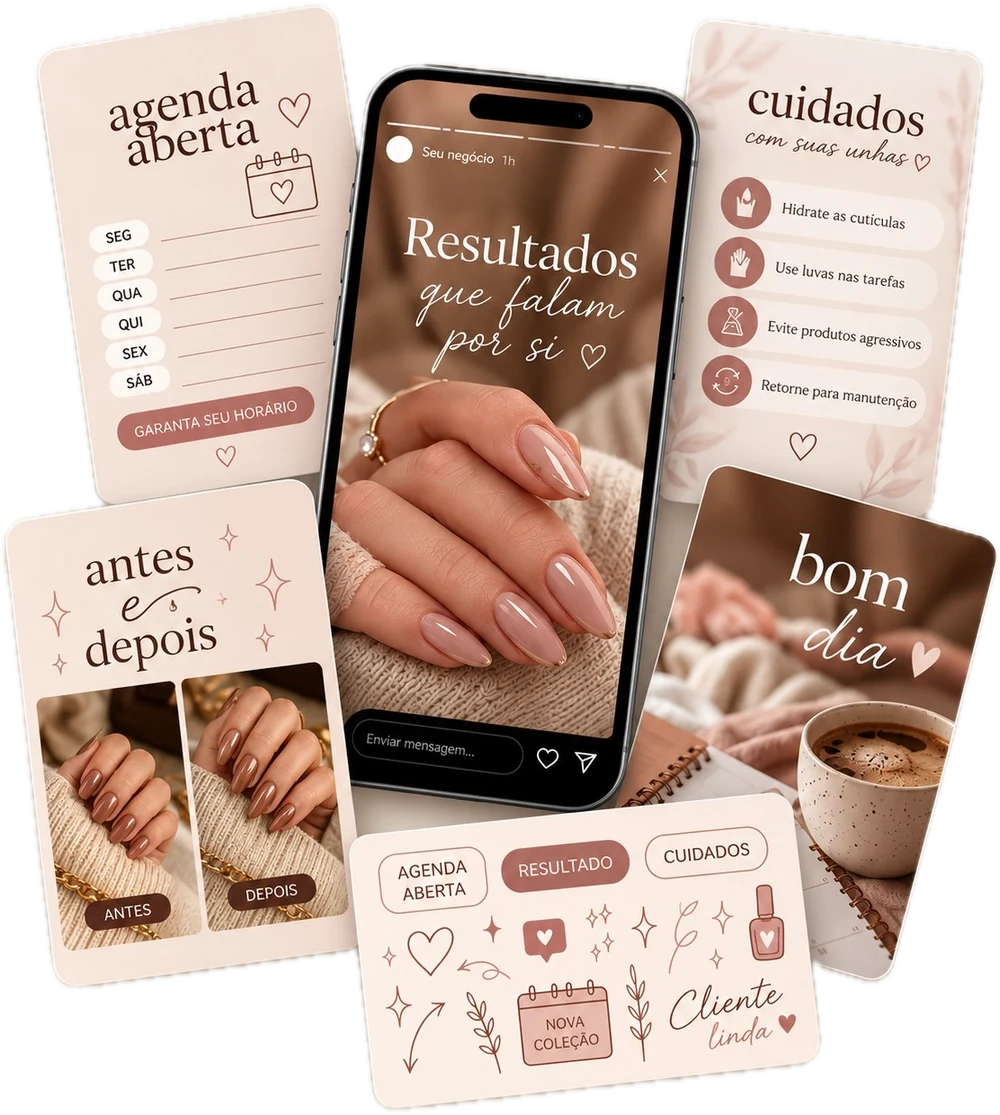 Visão geral do pack: Stories de agenda aberta, antes e depois, cuidados, bom dia e figurinhas em volta de um celular